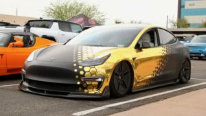 The Golden Tesla modded Tesla Model 3 located in Arizona.