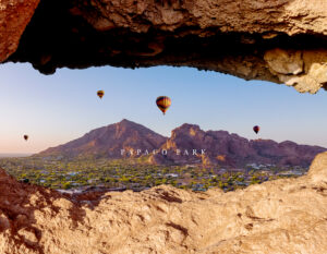 Papago Park: Welcome to Arizona—Hole-in-the-Rock view of Camelback Mountain with hot air balloons.