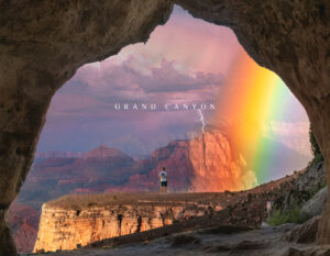 Grand Canyon: Welcome to Arizona—person on cliff framed by a cave, rainbow and lightning over the Grand Canyon at sunset.