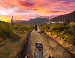 Welcome to Arizona—horseback trail ride at sunset with saguaros and the “Phoenix” hillside letters.