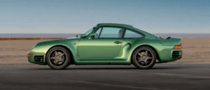 1988 Porsche 959 SC Reimagined by Canepa in Emerald Green, side view on display.