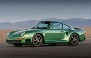 1988 Porsche 959 SC Reimagined by Canepa in Emerald Green, front three-quarter view on display.
