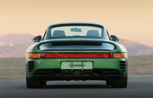 1988 Porsche 959 SC Reimagined by Canepa in Emerald Green, rear view on display.