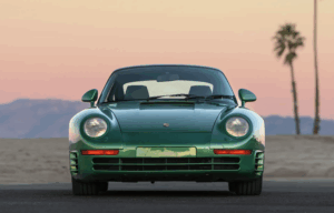 1988 Porsche 959 SC Reimagined by Canepa in Emerald Green, front view on display.