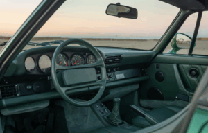 1988 Porsche 959 SC Reimagined by Canepa in Emerald Green, front three-quarter view on display.1988 Porsche 959 SC Reimagined by Canepa in Emerald Green, interior view on display.